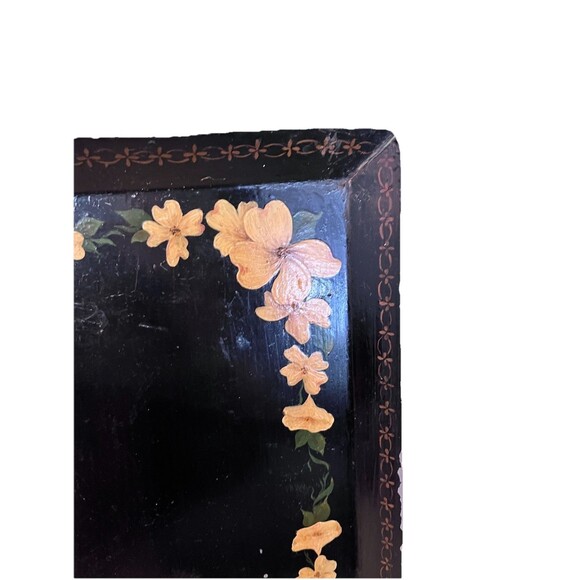 Vintage Black Metal Toleware Tray Hand Painted Gold Floral Dogwood Cottagecore - Picture 6 of 7